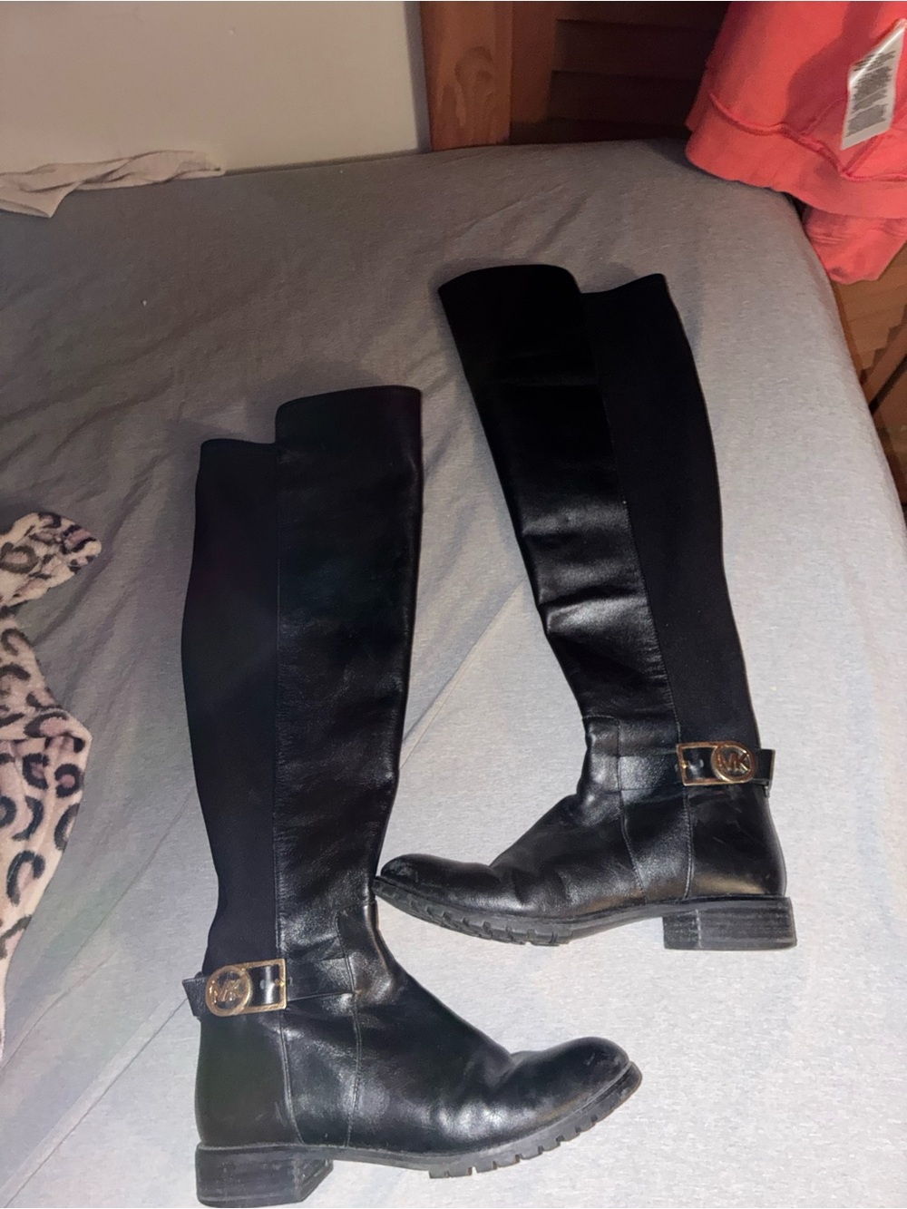 Michael Kors Black Leather Knee-High Riding Boots with Logo Buckle
